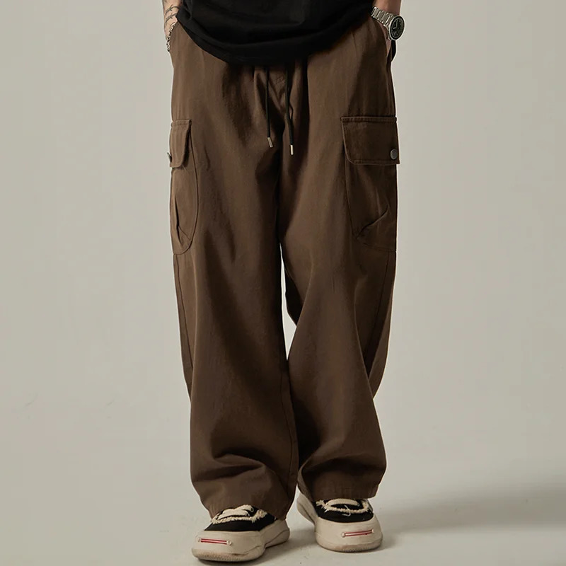Mens Sweatpants Spring Autumn Vintage Japanese Wide Leg Straight Loose Button Big Pockets Cargo Pants Drawstring Trousers 260311