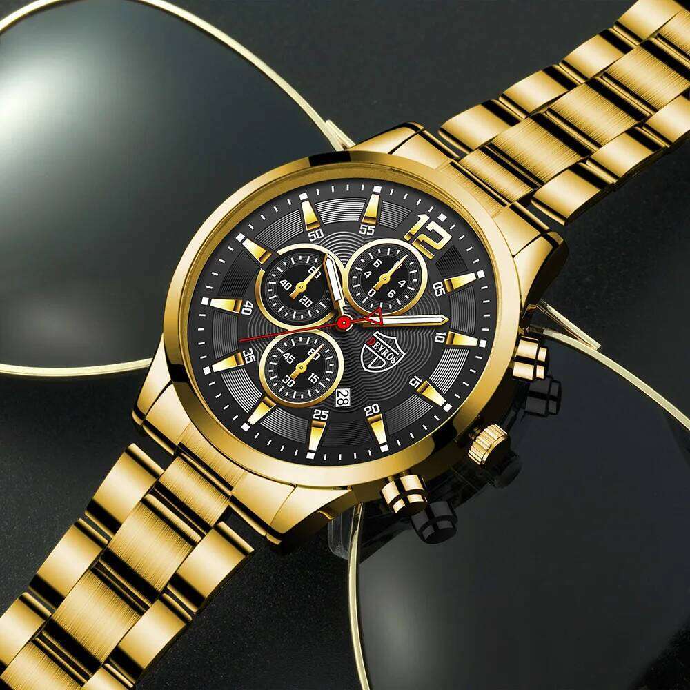 Men's Fashion 4pcs/set Quartz Watch with Date Function, Cuban Necklace, Ring and Bracelet, Thanksgiving Ideal Gifts for Men