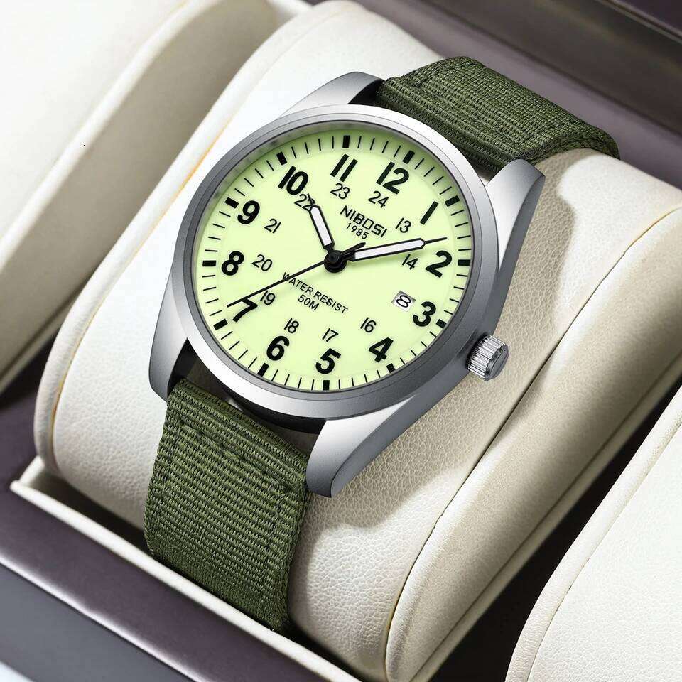 NIBOSI Mens Analog Military Watch with Calendar Luminous Dial Green Nylon Strap Waterproof Men's Wrist Watches Vintage