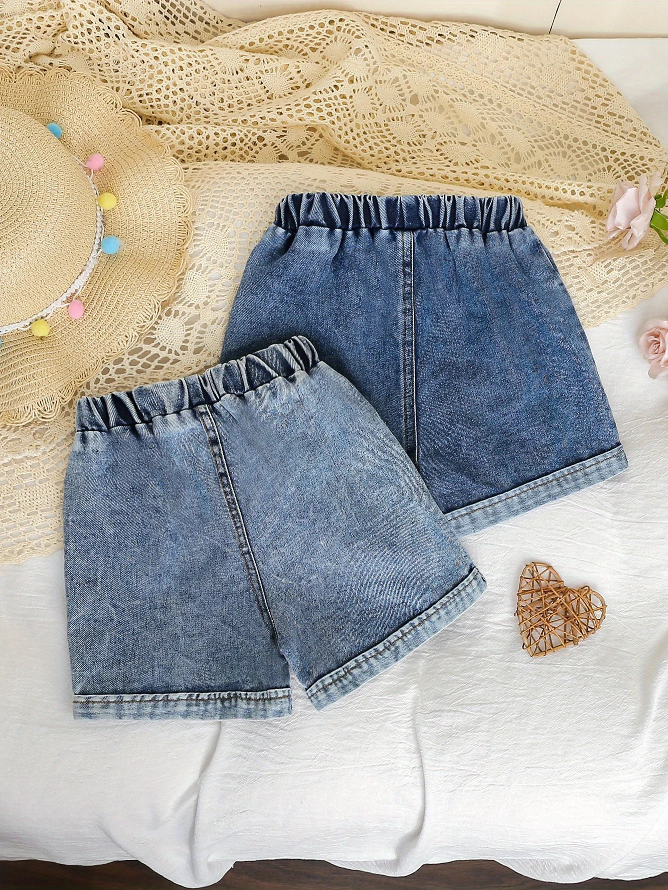 TwoPiece Girls Summer BowEmbroidered Casual Shorts Street Fashion Denim 260311