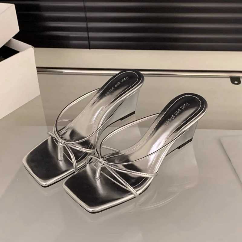 SUOJIALUN Summer New Women Slipper Fashion Narrow Band Ladies Elegant Sandal High Weadge Heel Outdoor Elegant Slides K260312