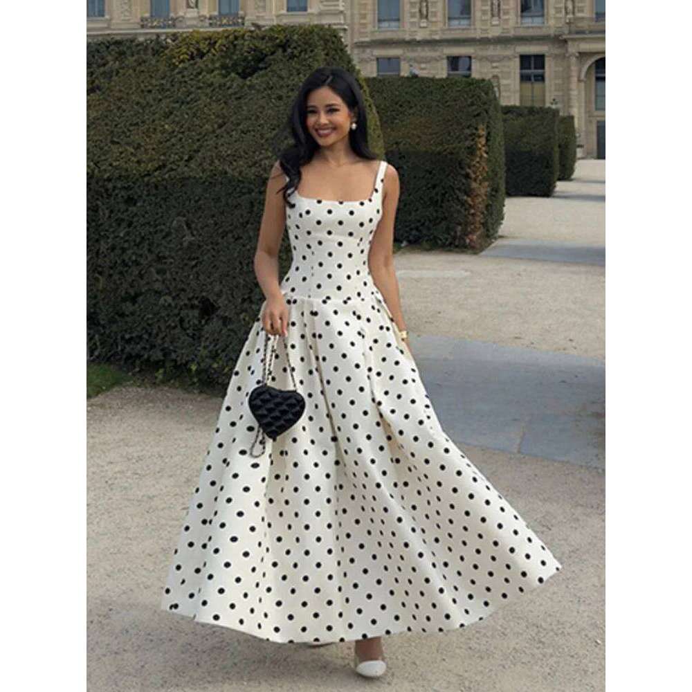 Elegant Polka Dot High Waist Party Dress Fashion Square Neck A-line Backless Sling New Summer Female Holidays Robes 2025 C260311