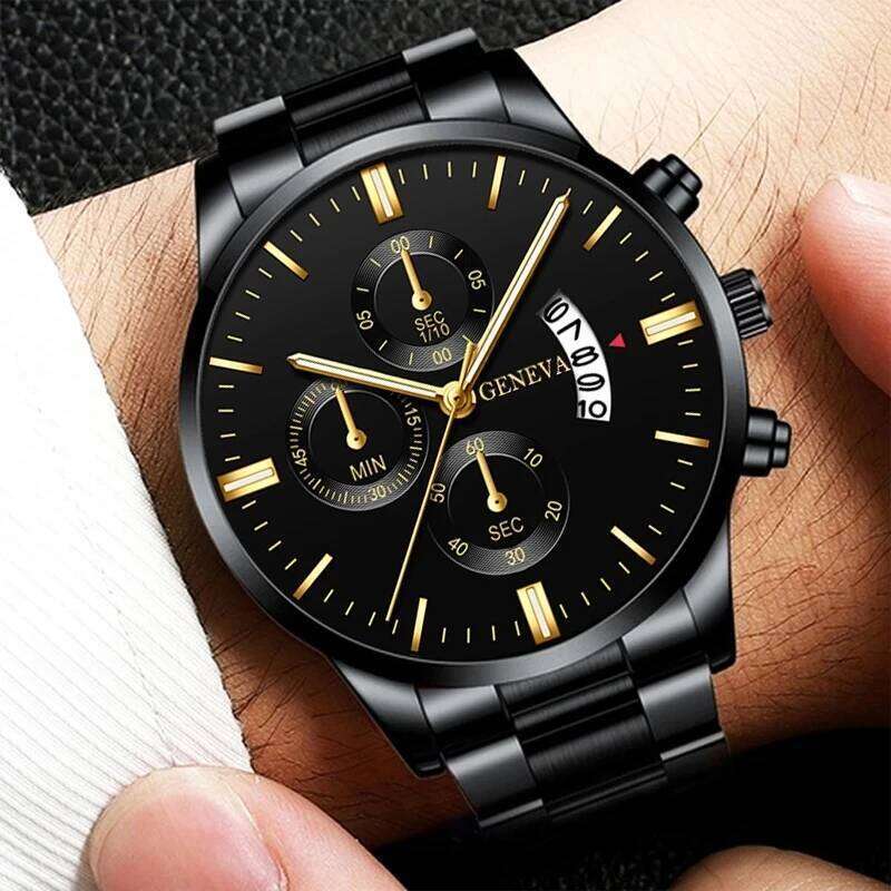 5pcs Necklace Bracelet Ring Mens Watches Set Fashion Luxury Men Stainless Steel Quartz Wrist Man Business Casual Watch