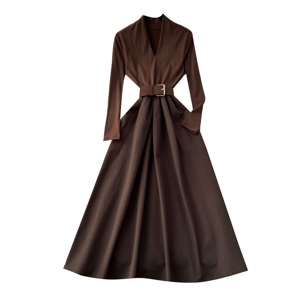 2026 French Elegant Mature Women's High end V-neck Long sleeved a23 Dress with Tie and Waist Splicing Design