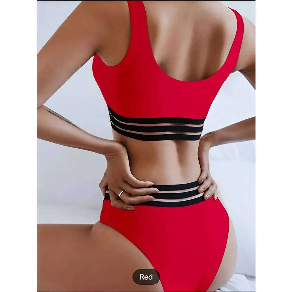 2025 Sexy V Wire Swimsuit Women Solid High Waist Bikini Black Mesh Trim Swimwear Female Padded Bathing Suit Swimming Beachwear Y260303