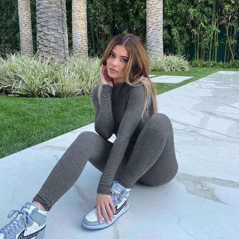 solid black/gray long sleeve skiing jumpsuit women elastic hight outfit fashion fitness sportwear slim rompers streetwear C260312