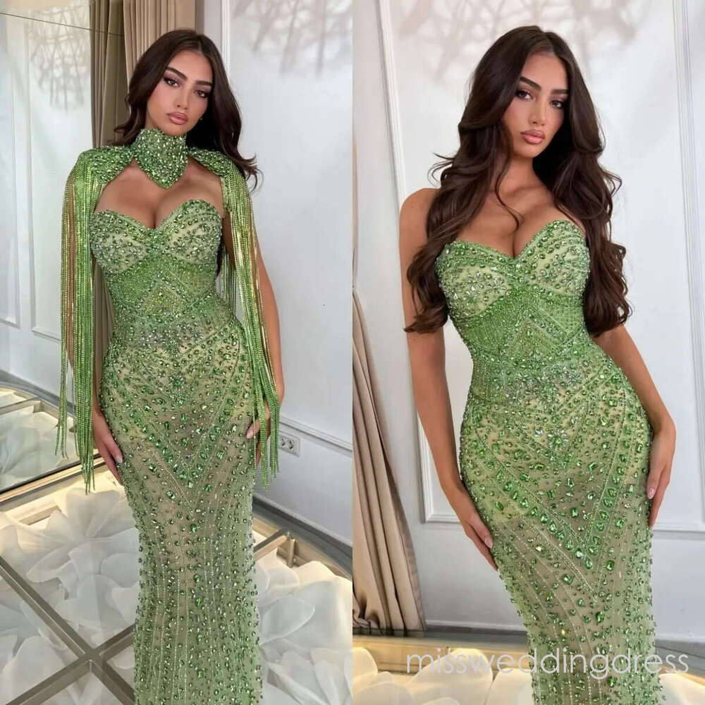 Luxury Evening Dresses Strapless Crystal Prom Dress Cape Beaded Illusion Tassel Customized Mermaid Party Gowns Vestidos De Noche Plus Size