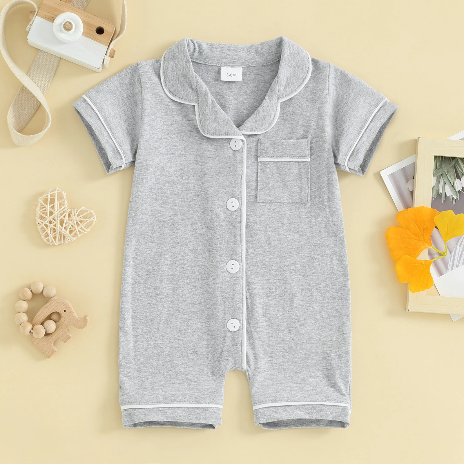 Pudcoco Baby Pajamas Rompers TurnDown Collar Short Sleeve Sleepwear Buttons Pocket Infant Sleepers Bodysuits 024M 260311