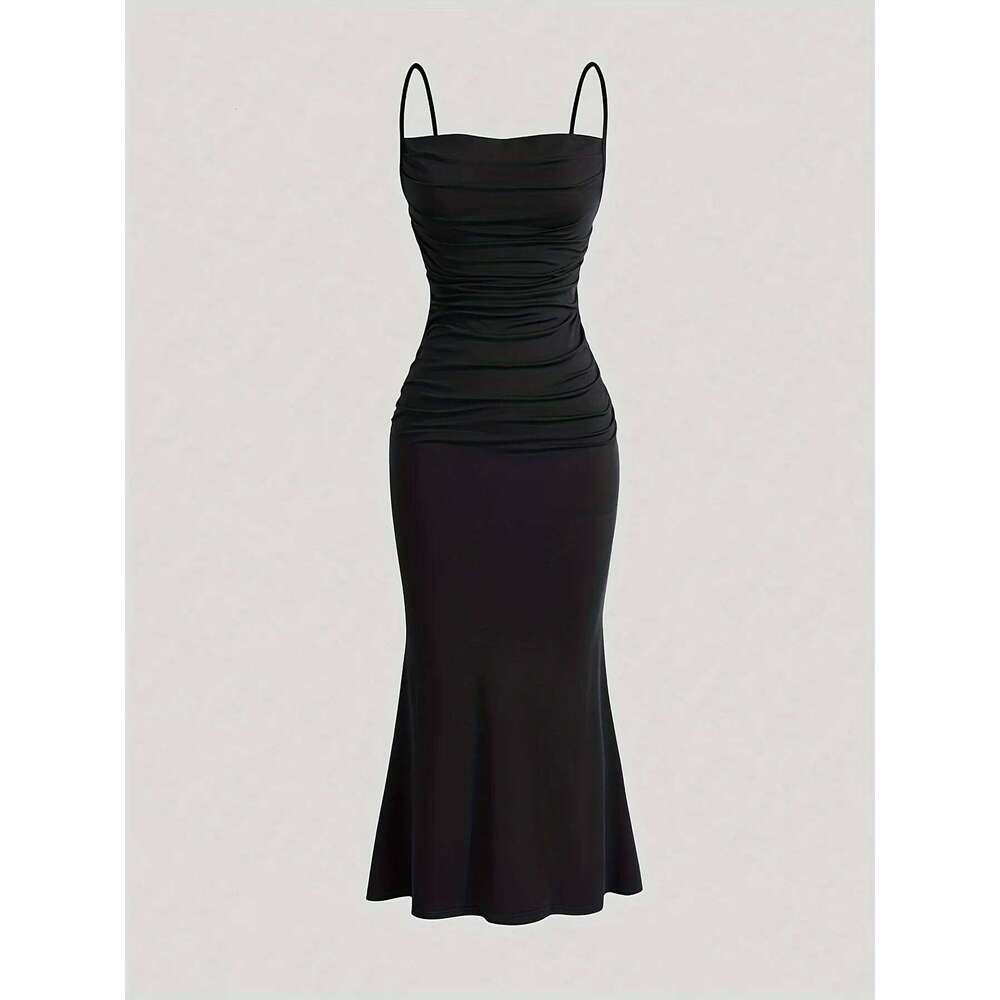 Women's Solid Color Ruched Cami Dress, Elegant Sleeveless for Party Evening Formal Occasions, Ladies Summer Dress C260312