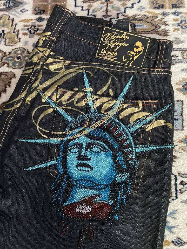 Vintage Statue of liberty Diamonds Casual Denim Pants High Waist Straight Wide Leg Jeans Harajuku Y2k 2000s Women Clothing 26Y0312