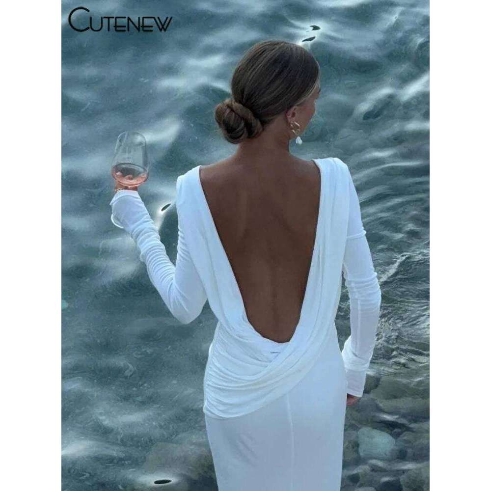Cutenew High Street Women Maxi Dresses Classic Solid Backless Full Sleeve Sheath Concise Robe Female Elegant Banquet Vestidos C260311