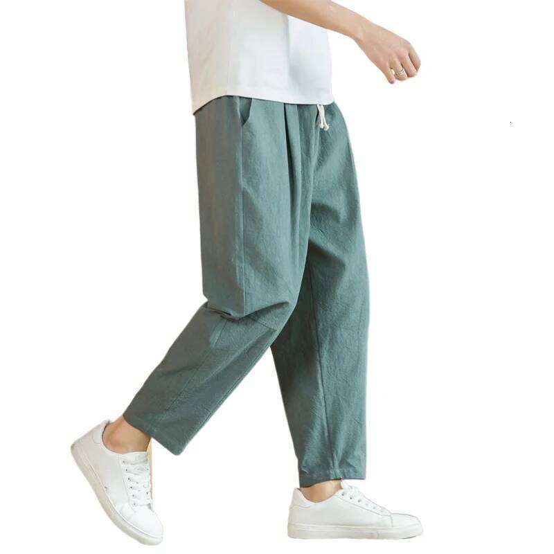 Streetwear Cotton Trousers Casual Solid Color Long Breathable Drawstring Straight Harem Men Baggy Pants