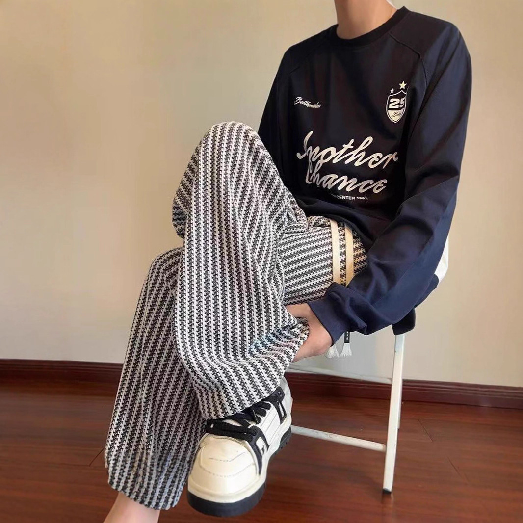 Style Striped Knit Loose Straight Designer Pants Heavy-duty Sweatpants Casual Sports Long Pants For Men Autumn And Winter Trendy