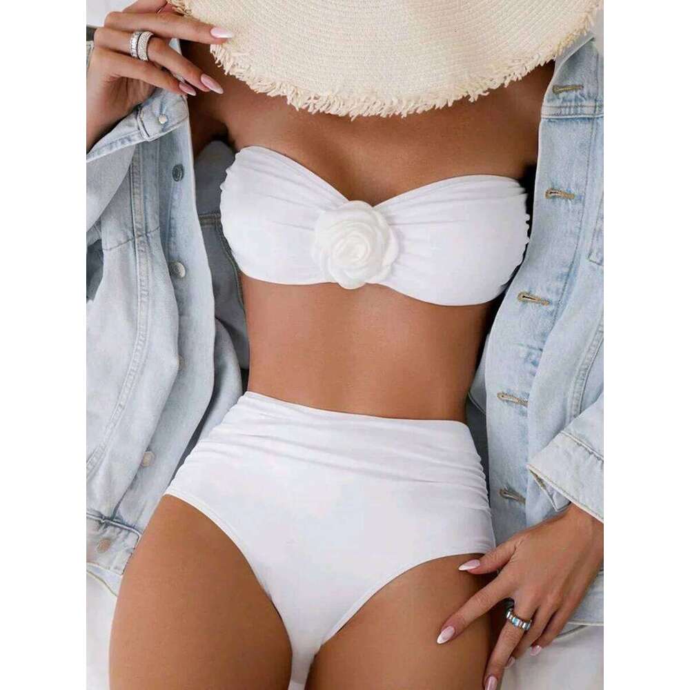 XS - L 3D Flower Bandeau Bikinis Female Swimsuit High Waist Women Swimwear Two-pieces Bikini Set Bathing Suit Swim Lady Y260303