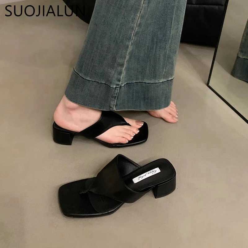 SUOJIALUN 2024 Summer New Women Slipper Fashion Med Square Heel Outdoor Slides Shoes Ladies Casual Vaction Flip Flops Sand K260312