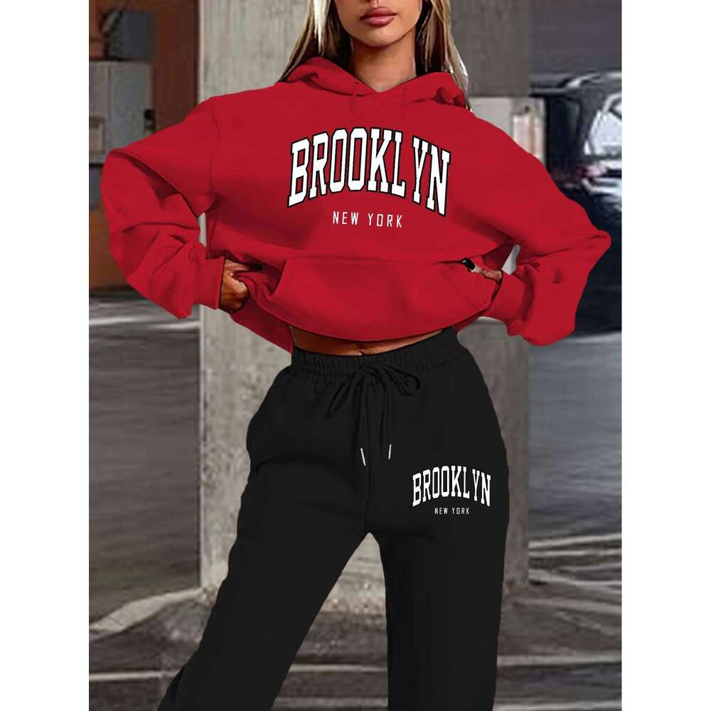 Women's autumn and winter fashion casual Brooklyn New York letter print with thick fleece warm hoodie+sweatpants set C260312