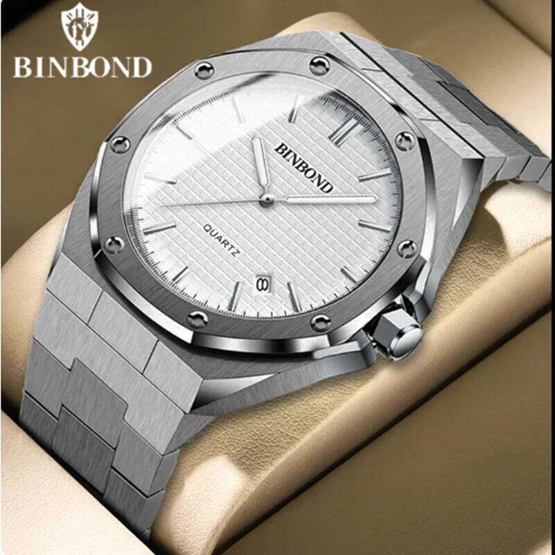 BINBOND 0233 Luxury Stainless Steel Large Dial Waterproof Night Light Men's Quartz Watch Clock 2025