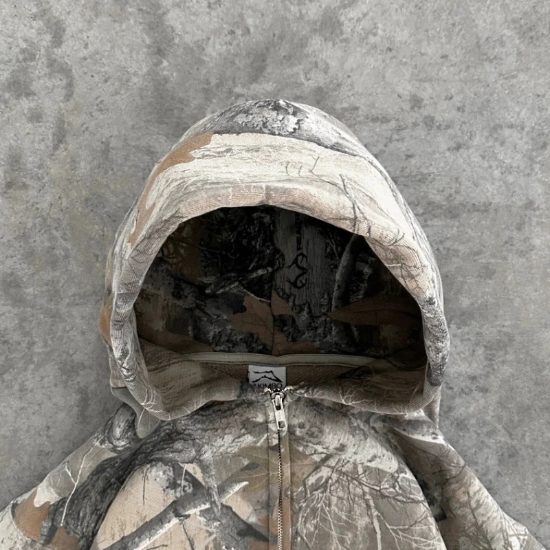 Y2K Retro Zip Up Hoodie Men Camouflage Pattern Zipper Sweatshirt High Street Hip Hop Streetwear Oversized Unisex Camo Hoodie 260311