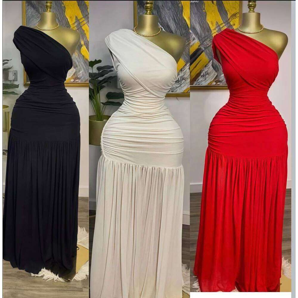 Stylish Evening Sexy Club Party Holiday Maxi Dress for Women Elegant Skew Neck One Sleeve Off Shoulder Mesh Slit Long Dresses C260312