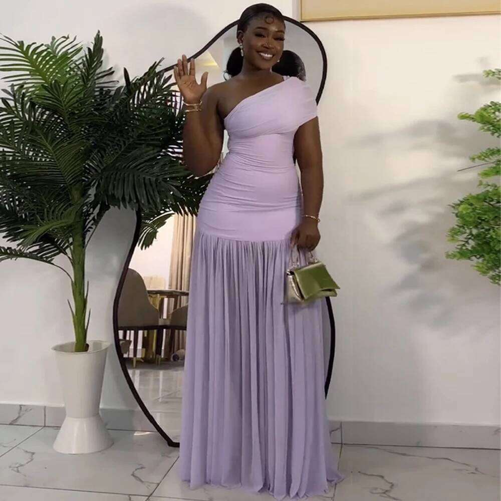 Stylish Evening Sexy Club Party Holiday Maxi Dress for Women Elegant Skew Neck One Sleeve Off Shoulder Mesh Slit Long Dresses C260311