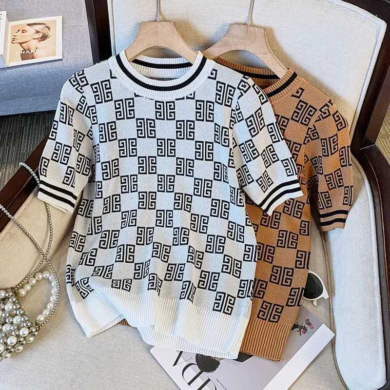 Spring Summer Fashion Geometric O-neck Short Sleeve Pullovers Ladies Temperament Vintage Knitting Printing Loose Women Top TeeT260312