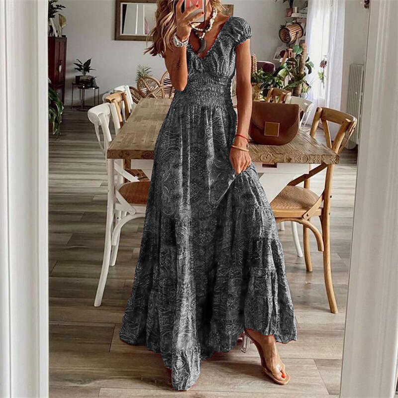 2026 European and American cross-border new bohemian style waist-cinching long with printed large hem women's dress