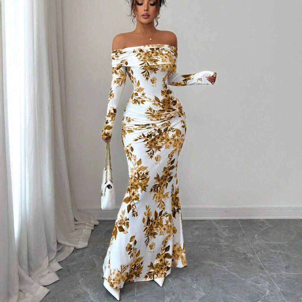 Best-selling in Europe America, 2026 autumn new printed long dress, elegant and slim-fitting, off-shoulder long-sleeve dress for women