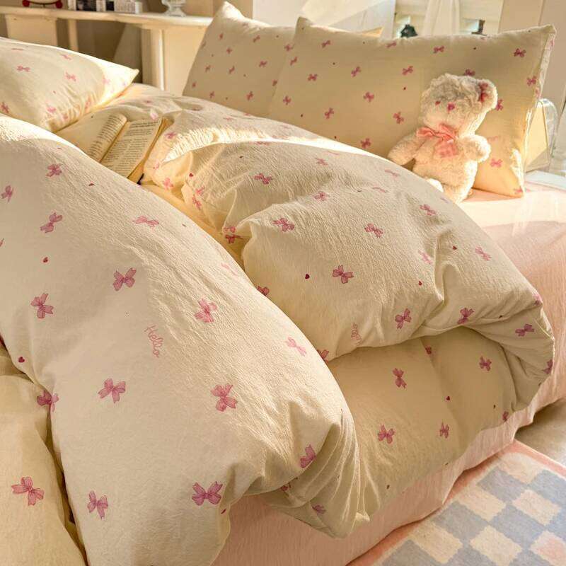 INS Cute Bow Bedding for Girls Women Soft Bed Sheet Pillowcase Single Twin Full 200x230cm Kawaii Duvet Cover Set H260312