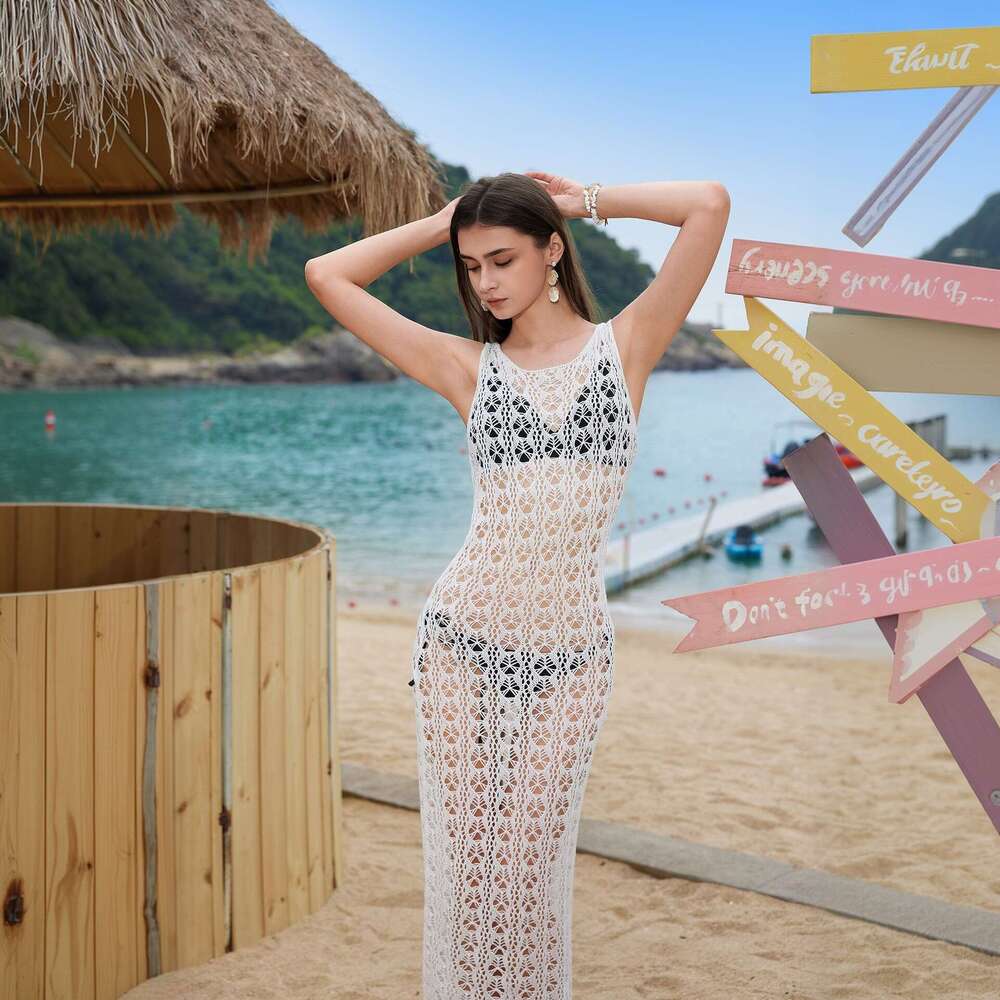 2026 New Designer Women's Solid Color Sexy Knitted Hollow Cover - Up Bikini Swimsuit Beach Dress