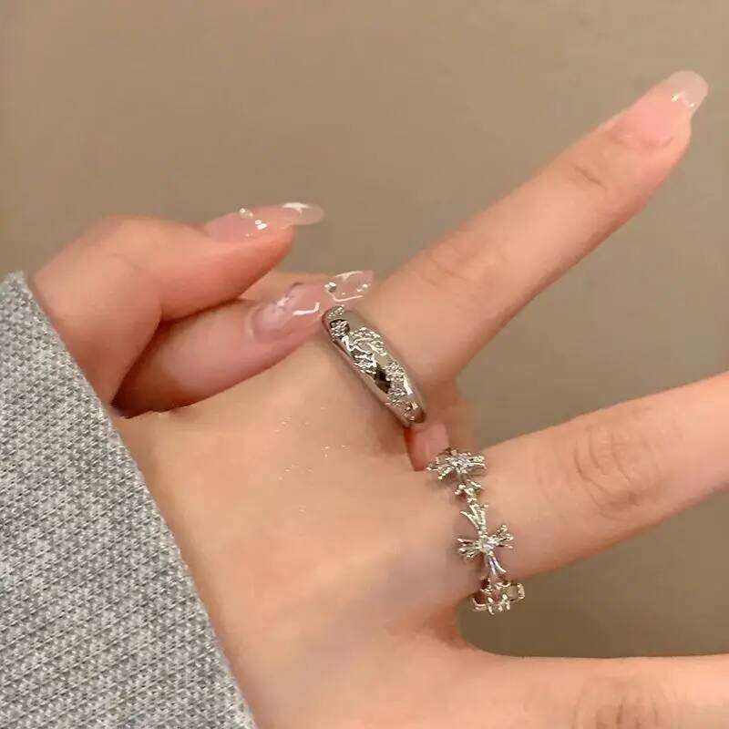WANZHI 1/2PCS Gothic Black Cross Open Rings for Women and Men Exquisite Imbue Diamond Ring Fashion Jewelry Accessories Gifts W260312