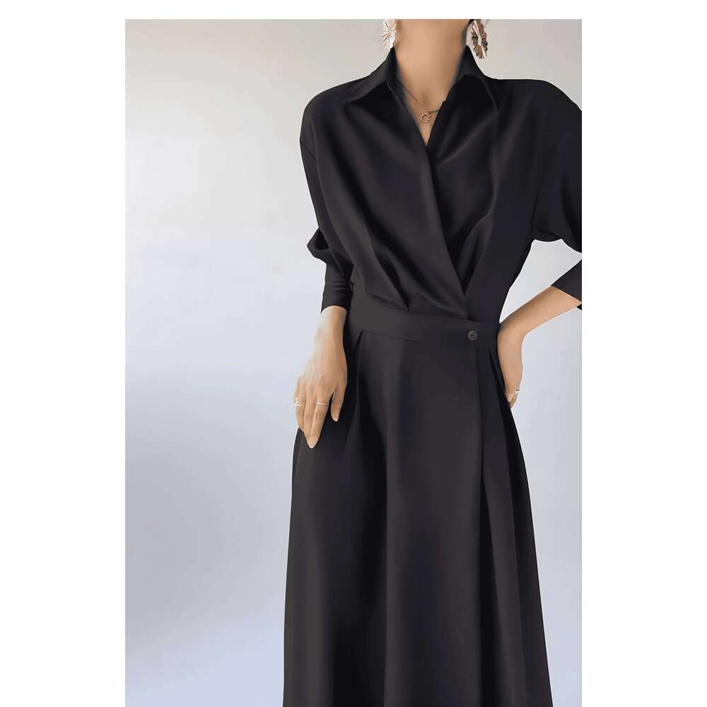 Spring and autumn women's long-sleeved lapel shirt dress, stylish elegant simple commuter Korean long skirt C260312