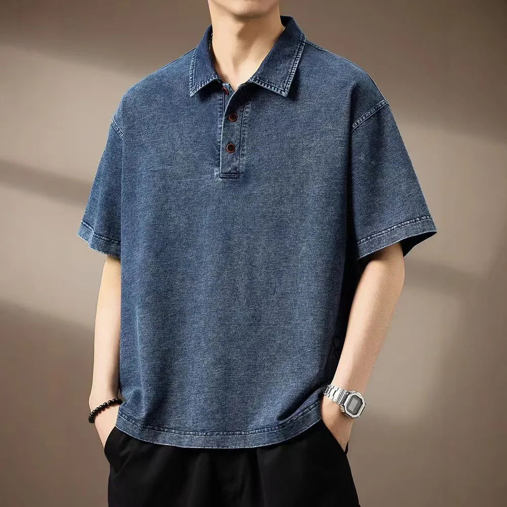 Summer Mens Denim Polo Shirts American Style Lapel Short Sleeved Loose Tees Shirt High-end Mens Thin Trendy Tops 260311