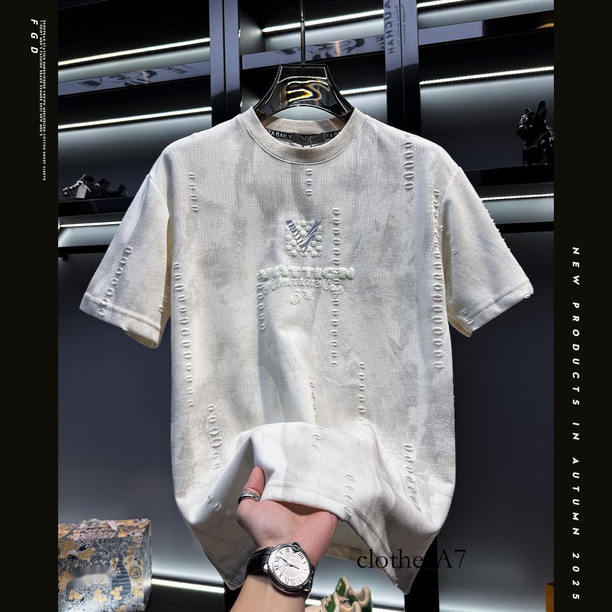 Luma hop European Men's High-End Design Sense Distressed Crew Neck Short T-Shirt Men 2025 New Trendy Brand Summer American Style Half Sleeve