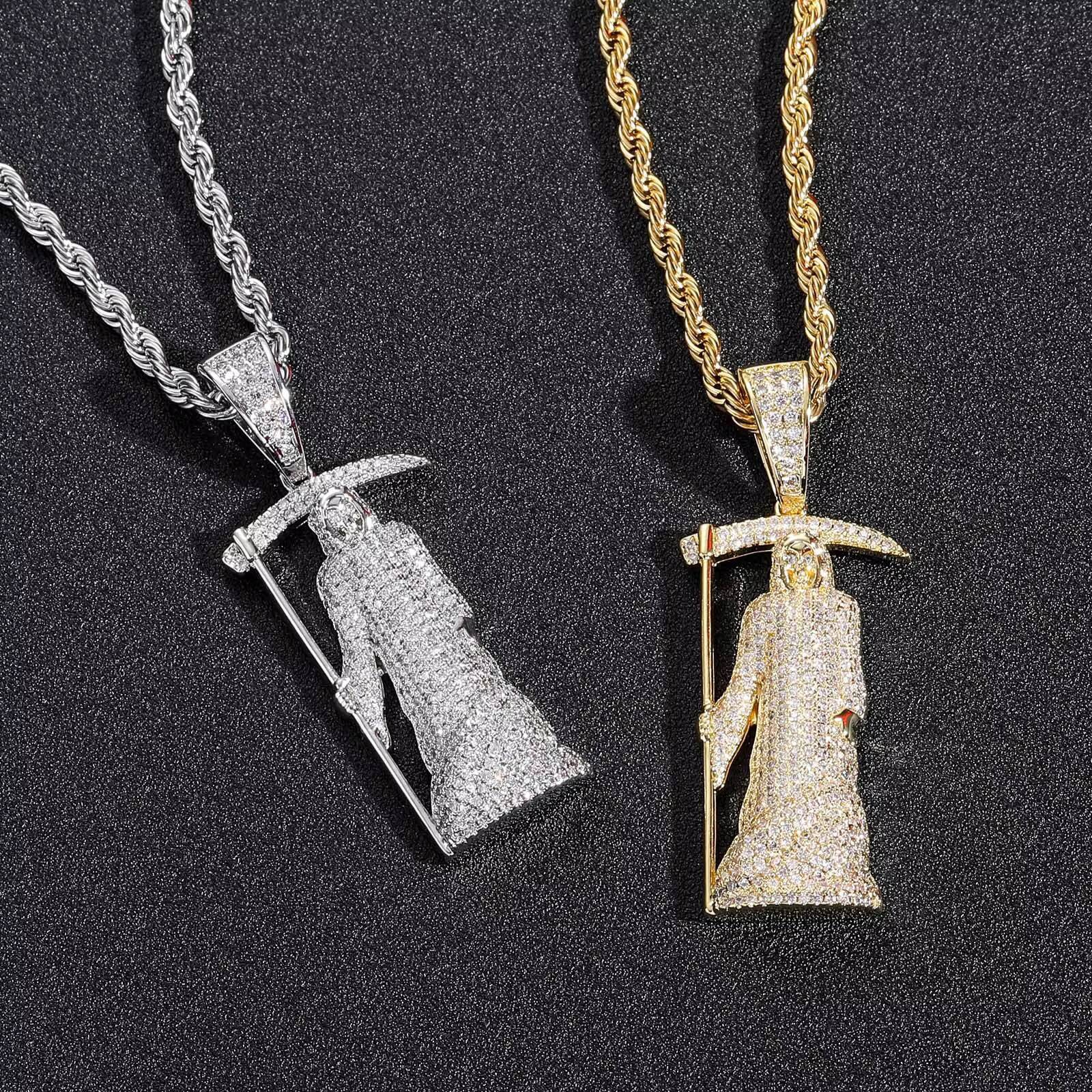 Hip-hop real gold plated full diamond Moissanite skull scythe pendant necklace statement jewelry hip-hop men's style