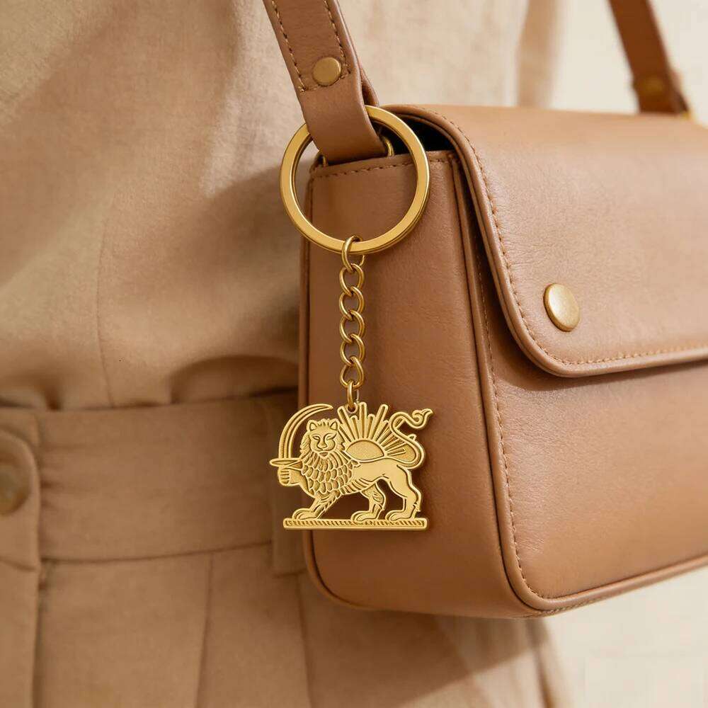 Skyrim Iran Persian Lion Sun Keychain Stainless Steel Gold Color Keyring Key Chains Bag Accessories Gift for Women Men