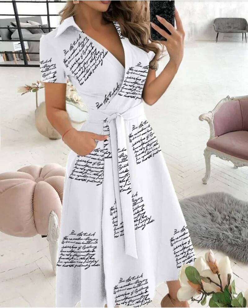 Spring/Summer Fashion Long sleeved V-neck Printed Wrapped Hip Dress Women's loose and versatile temperament personality C260312