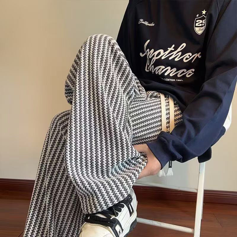 Style Striped Knit Loose Straight Designer Pants Heavy-duty Sweatpants Casual Sports Long Pants For Men Autumn And Winter Trendy