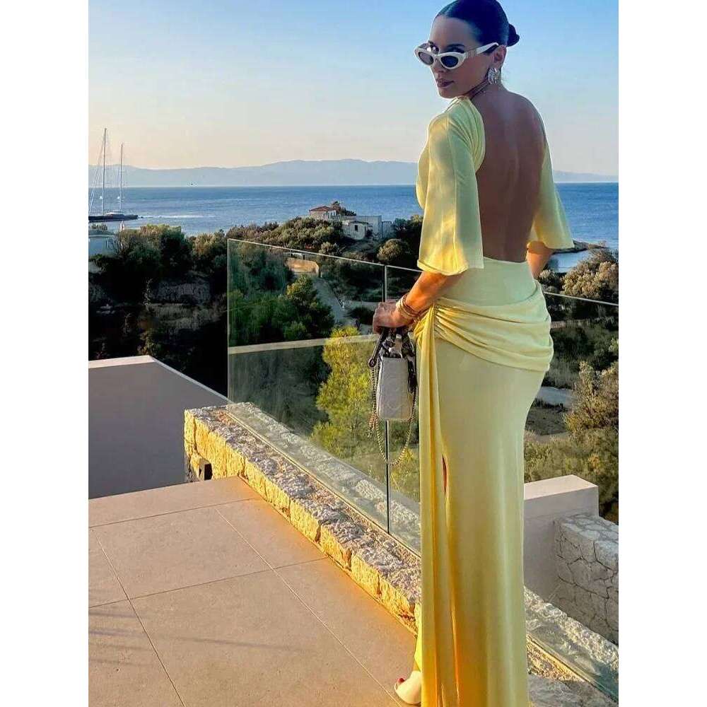 Women's Solid Yellow Backless Maxi Dress Elegant Split Slim Fit Pleated Half Sleeve Long Dresses 2025 High Street Summer Gowns C260312