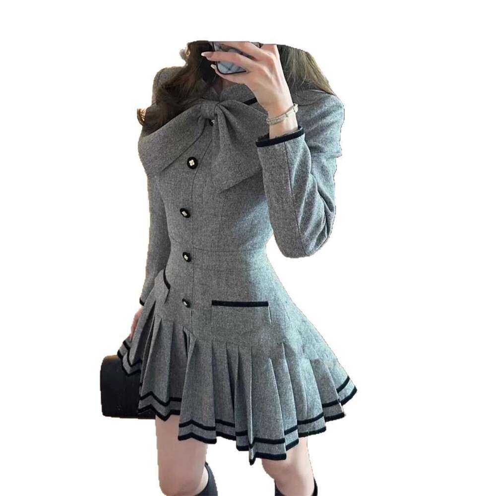 2026 autumn and a21 winter new women's designer butterfly bow waist pleat elegant slim fit wool dress