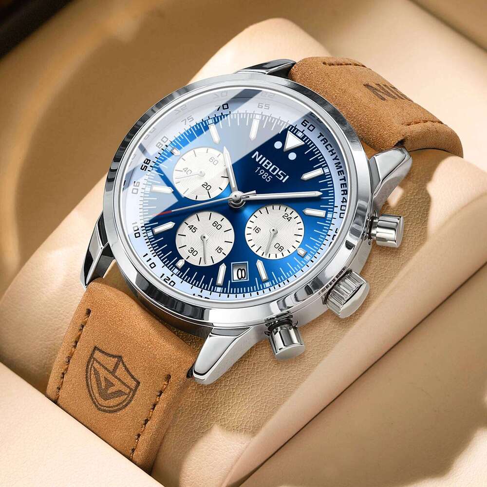 NIBOSI Fashion Watches for Leather Band Casual Business Men Chronograph Large Luminous Analog Quartz Wrist Watch Reloj