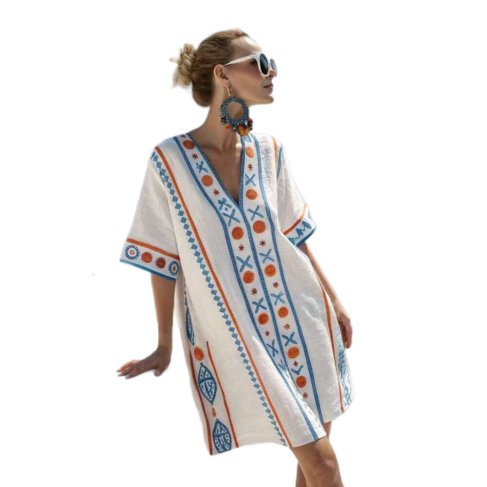 2026 New Seaside Vacation Style V-Neck Bohemian Print Loose Beach Dress Short Sleeve Sunscreen Cover-Up
