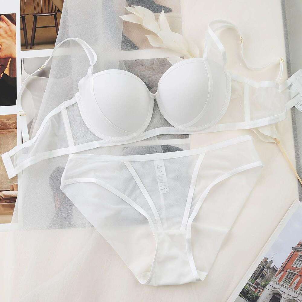 Women Sheer Mesh Bra and Panty Set with Contrast Trim Transparent Lingerie for Everyday Wear or Layering Under Clothing