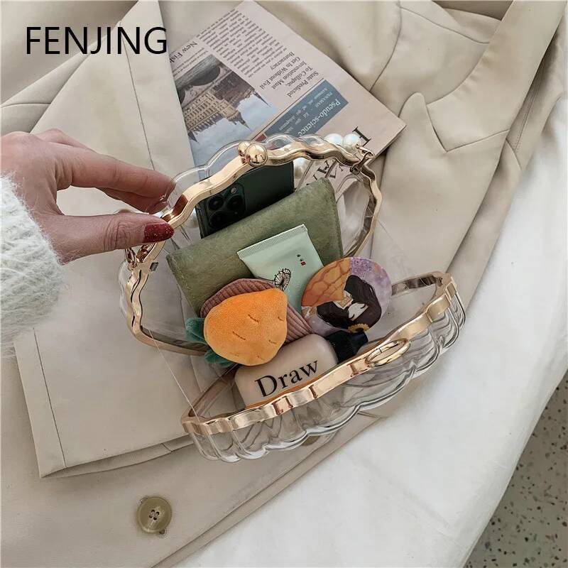 Evening Bags for Women 2023 New Transparent Shell Clutch Box Handbags Pearl Chain Crossbody Acrylic Purse Shoulder Bag