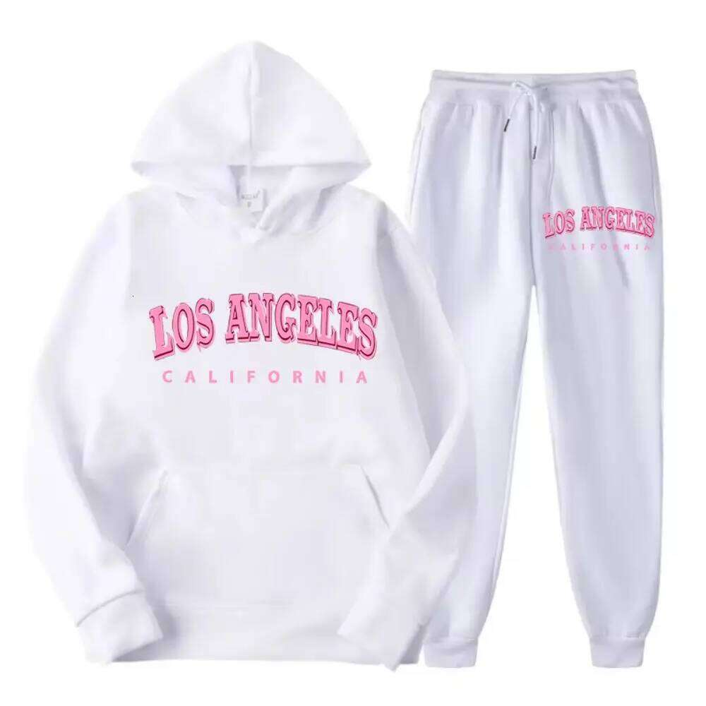 Two Piece Set Street Womens Hoodie & Pants Fleece Pocket Loose Pullover Los Angeles California Print Clothes Fashion Sportswear C260312