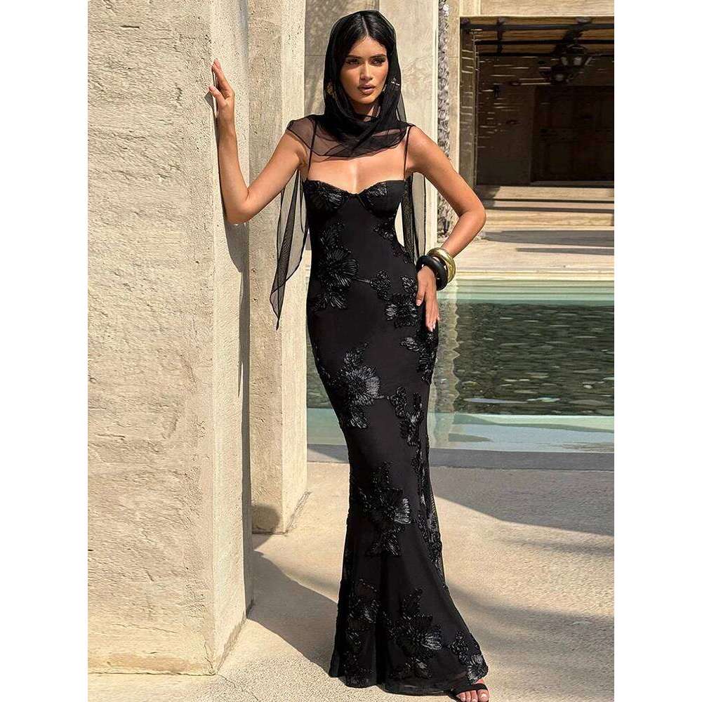 Nibber Elegant Flower Embroidery Maxi Dress Women Low-Neck Cross Bandage Backless Summer Street Trend Skinny Holiday Vestidos C260312