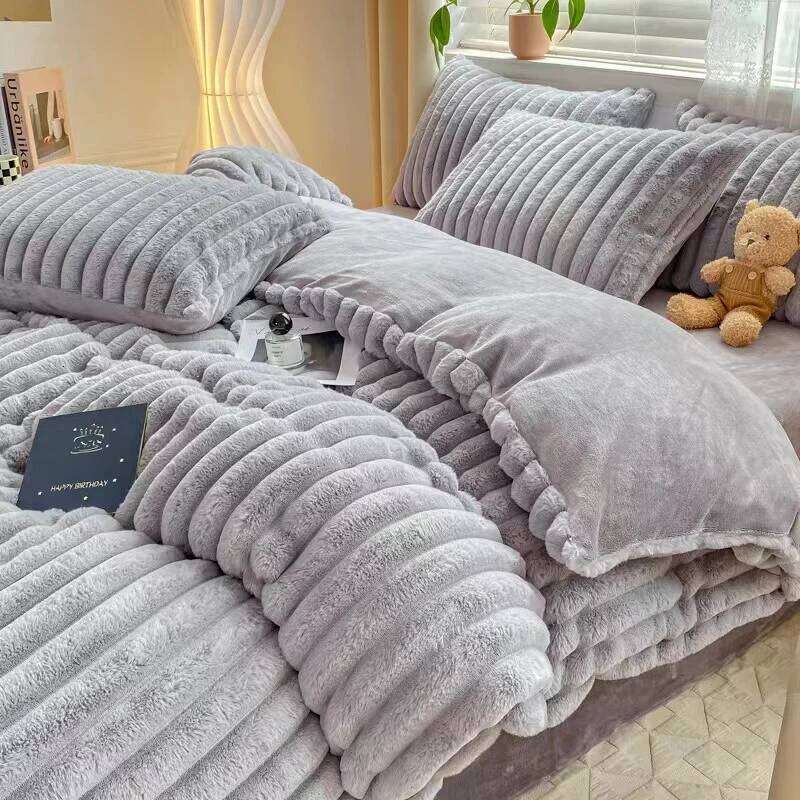 High Grade Rabbit Velvet 4pcs Bedding Set Winter Warm Soft Thick Plush Quilt Cover Coral Fleece Bed Sheet and Pillowcase H260312
