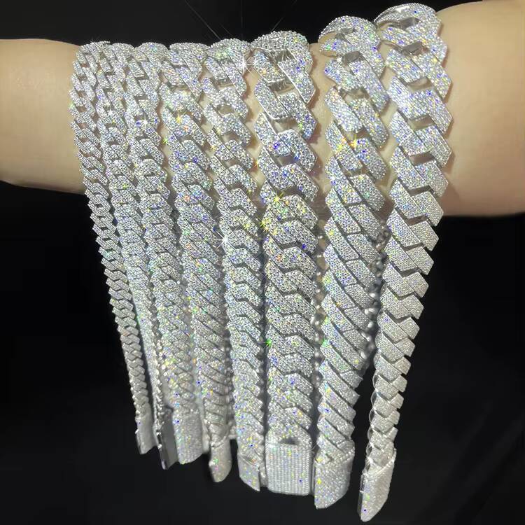 Yu Ying Gems 2rows Hip Hop Cuban Chain S925 Silver with Iced Out Vvs Moissanite Cuban Necklace Cuban Link Chain