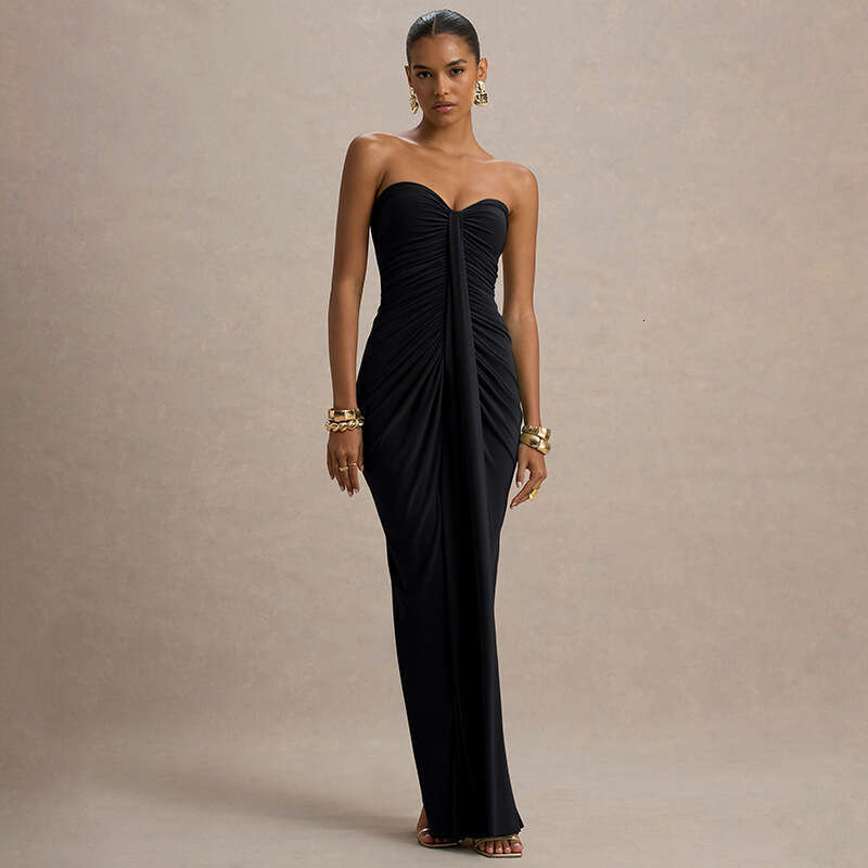 2025 Foreign Trade European and American Women's Fashion Autumn New Solid Color Slim Fit Pleated Wrap with Ribbons Sleeveless Long Dress for Wome