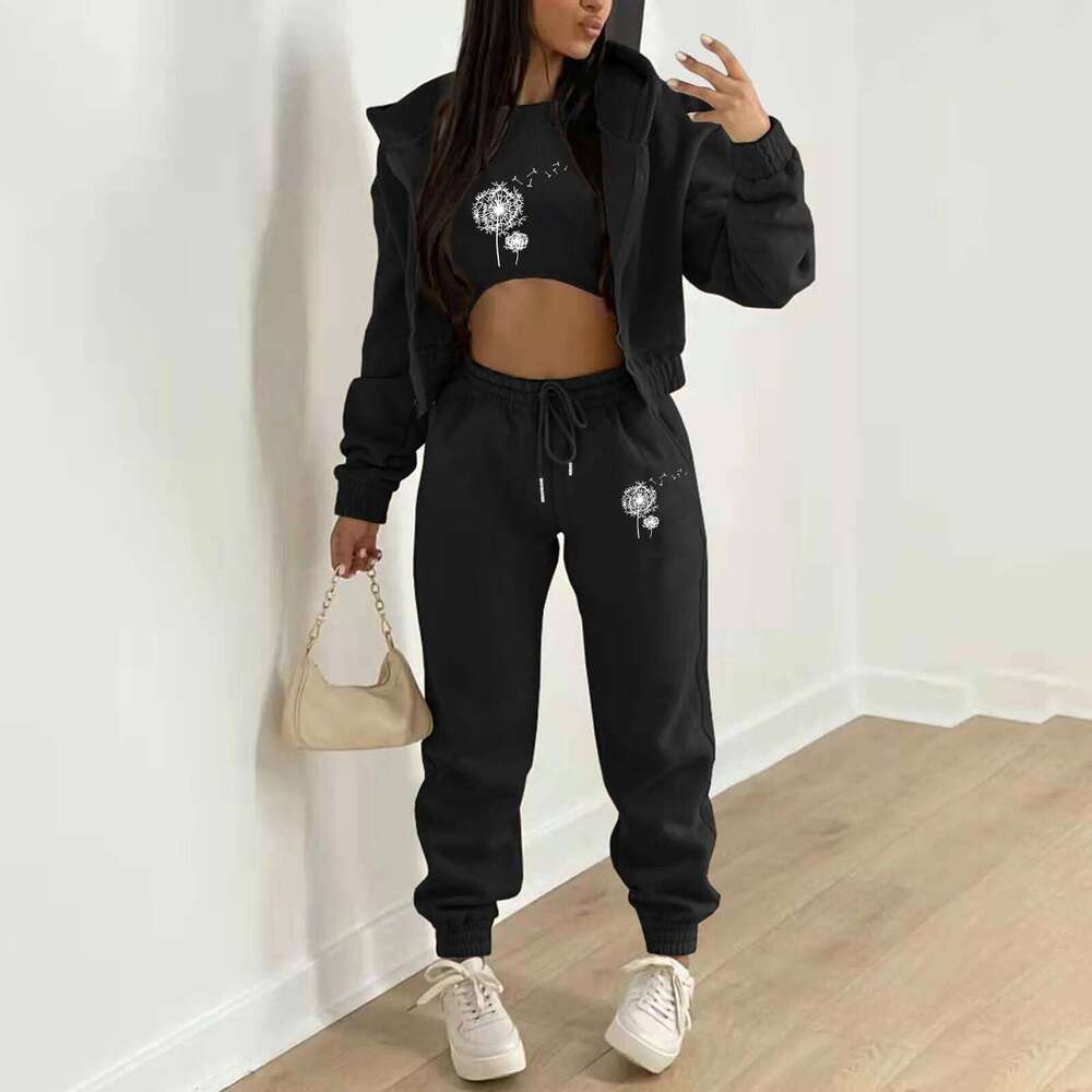 Sweatshirt Suit Women Tracksuit Sporty 3 Piece Set Vest Thick Coat Pants Print Outfits Lace Up Sportswear Ensemble Autumn Winter C260312