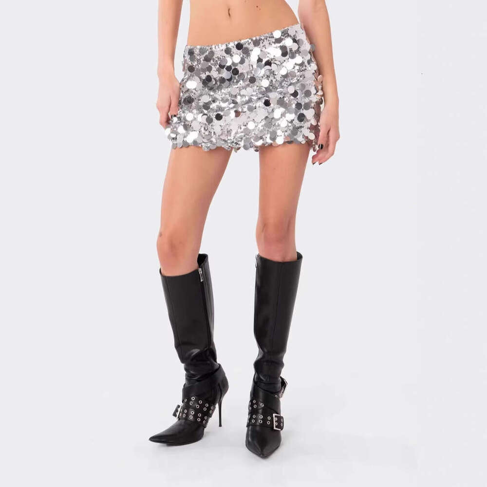European and American Style New Foreign Trade Cross-Border Sexy Reflective Sequin A-Line Bodycon Mini Skirt